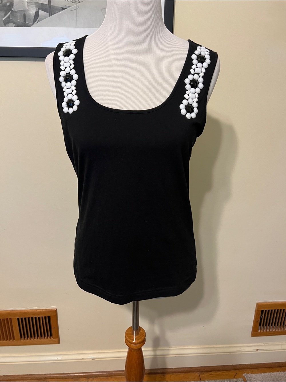 Escada Black Tank Top with White Bead Shoulder Accents